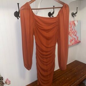 Ruched Long-Sleeve Women's Dress in Rust Orange